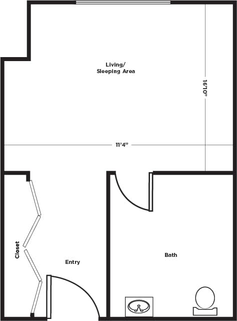 A floor plan showing the layout of an apartment with designated living/sleeping area, bath, and entry.