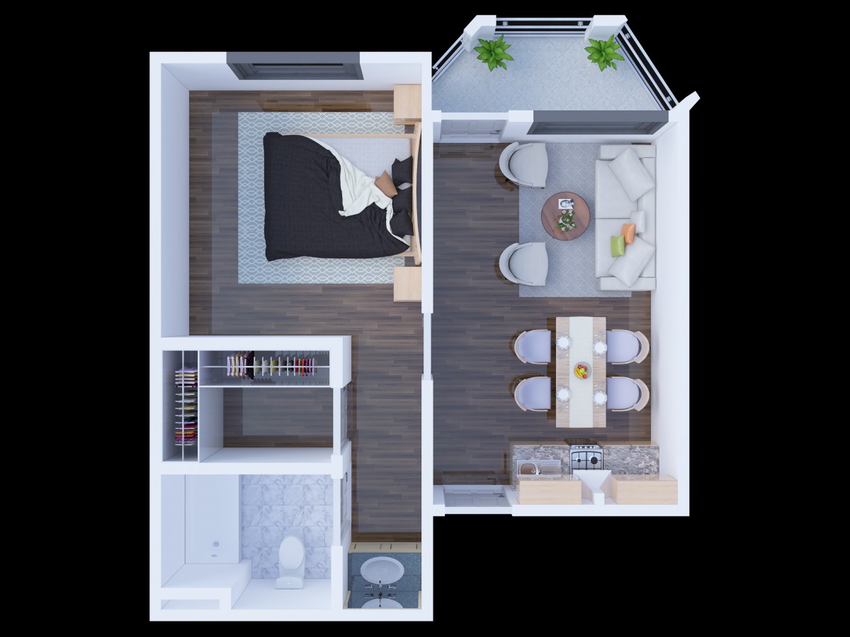 A modern one-bedroom apartment floor plan featuring an open living and dining area, a cozy bedroom, and a compact bathroom.