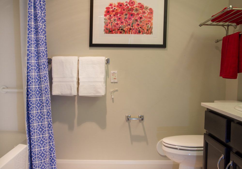 A clean and organized bathroom featuring a shower curtain, towel rack, and framed artwork.