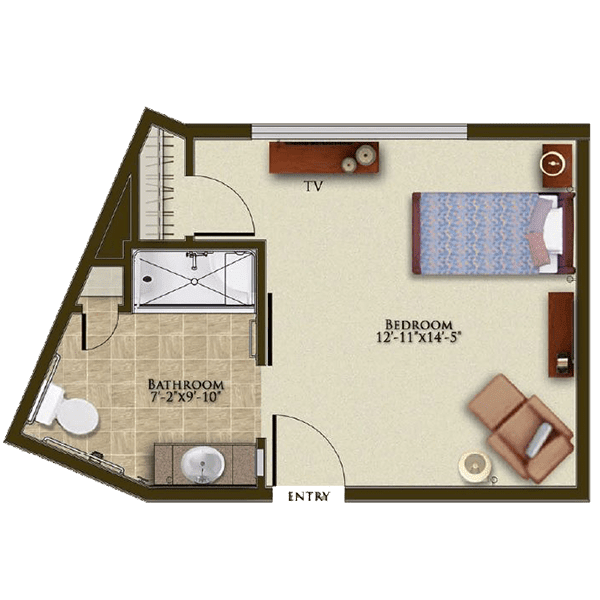 A compact apartment floor plan featuring a bedroom with a bed and desk, adjacent to a bathroom.