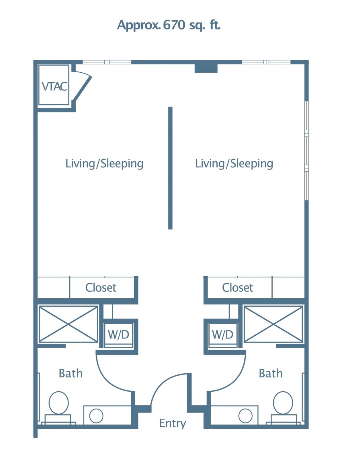 A floor plan of an apartment with two living/sleeping areas, two bathrooms, and closets.