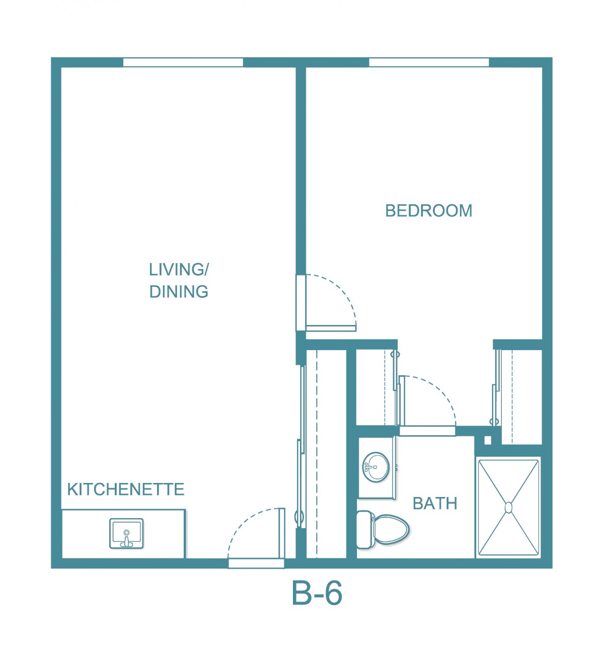 A simple one-bedroom apartment floor plan featuring a living and dining area, kitchenette, and bathroom.