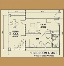 A floor plan of a 1-bedroom apartment with living area, kitchen, bathroom, and a covered porch.