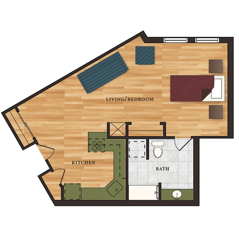 A floor plan of a studio apartment showcasing the layout with designated areas for sleeping, living, and a bathroom.