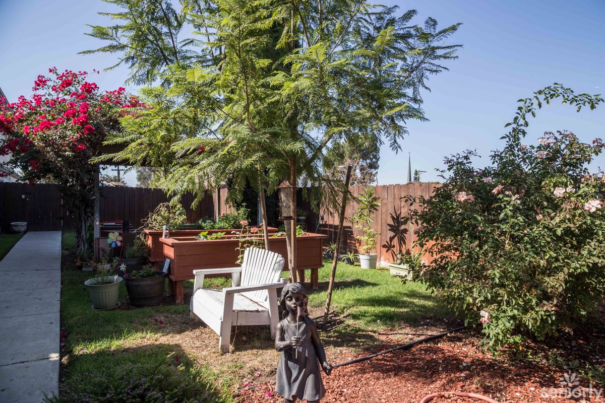 A peaceful garden with a bench, tree, and statue on a sunny day.