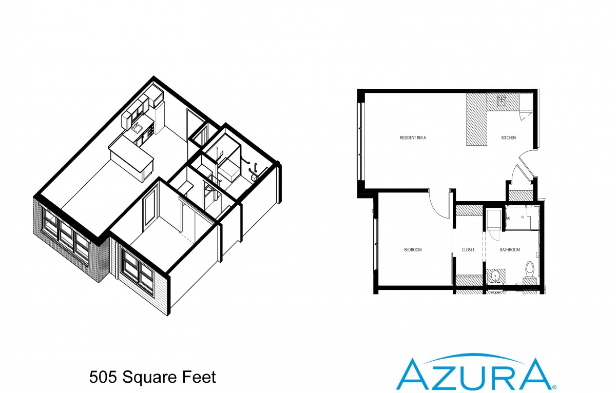 A 2D and 3D floor plan of an apartment showing the layout of rooms.