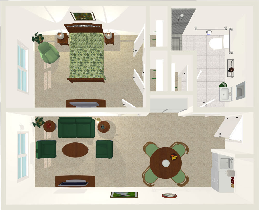 A detailed floor plan of an apartment showcasing a living room, bedroom, and bathroom layout with furniture placement.