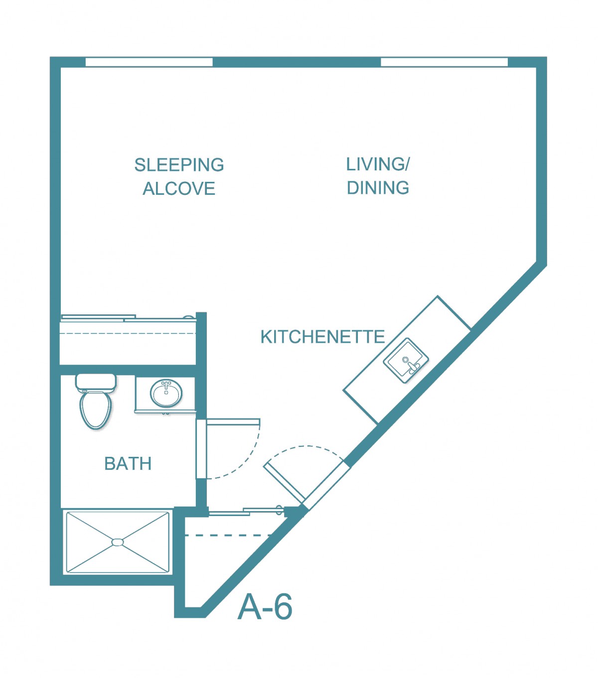A floor plan of a studio apartment featuring a sleeping alcove, kitchenette, and living/dining area.