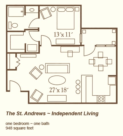 Floor plan of The St. Andrews, featuring one bedroom and 912 square feet for independent living.