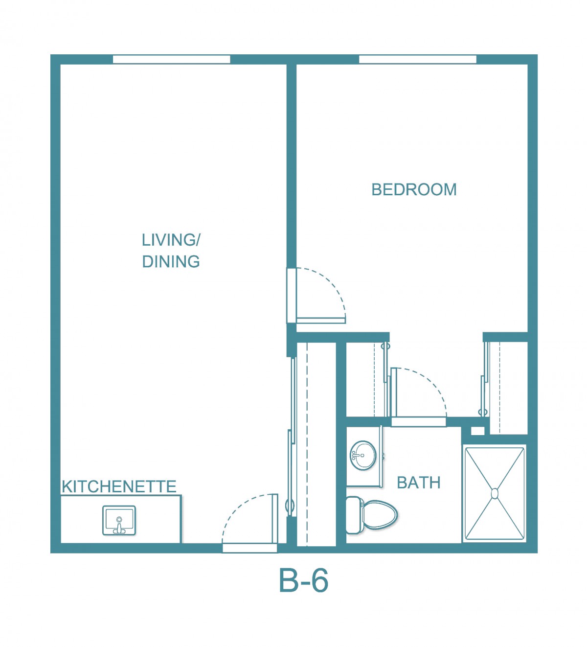 Floor plan of a one-bedroom apartment with designated living space, kitchen, and bathroom.