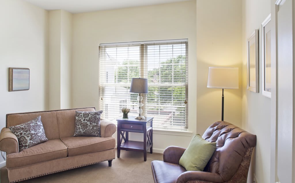 Cozy living room with natural light filtering through window blinds.