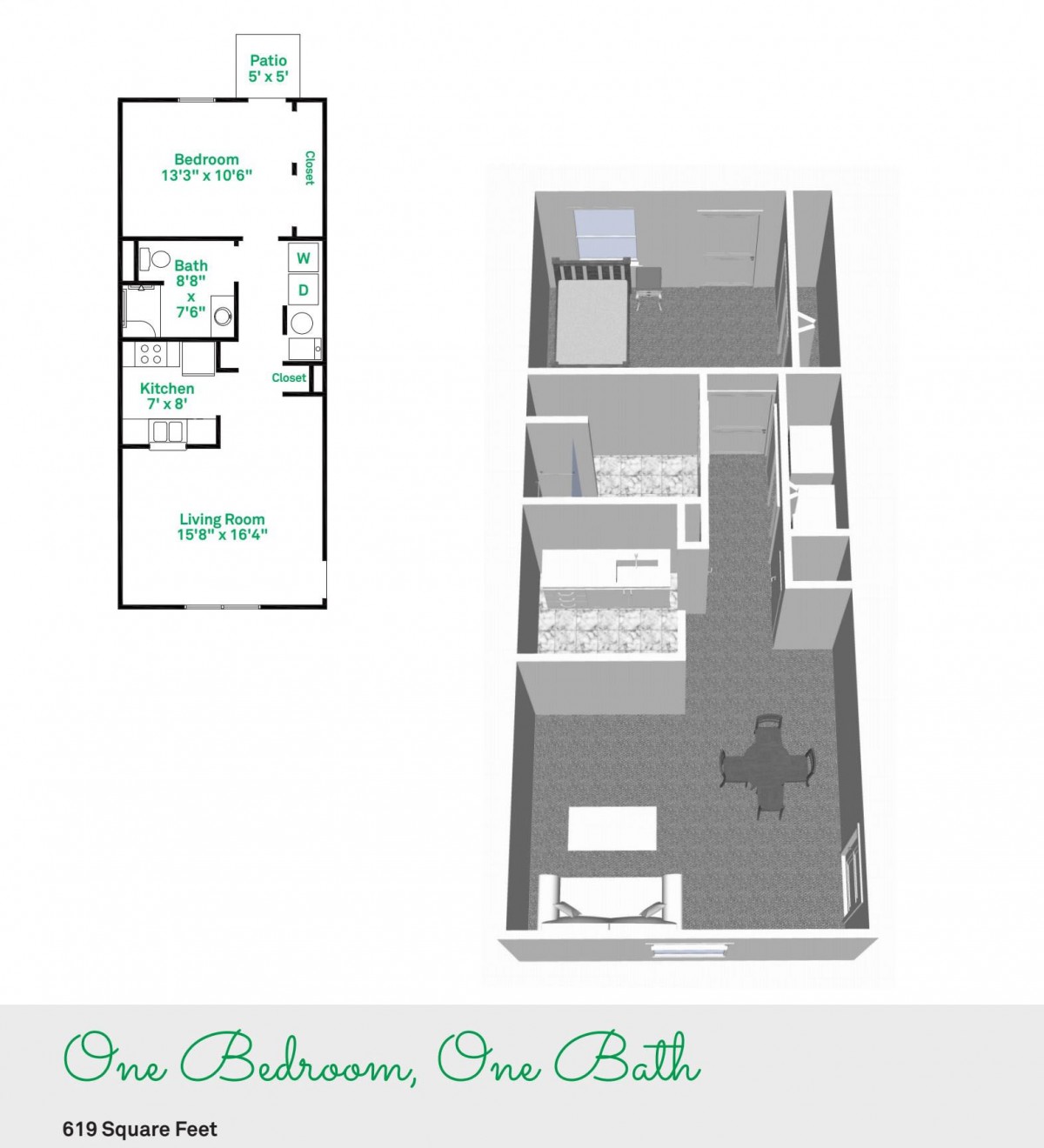 A detailed floor plan and 3D model of a one-bedroom, one-bathroom apartment.
