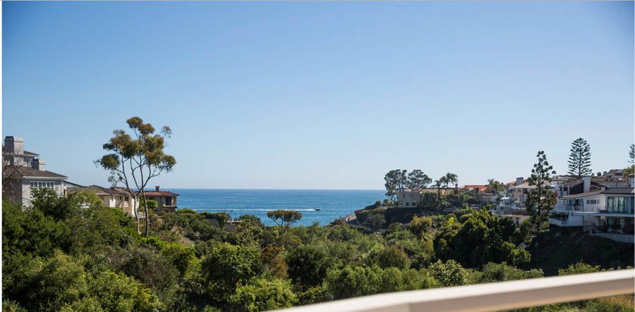 A stunning view of the coastline with lush greenery and a clear blue sky.