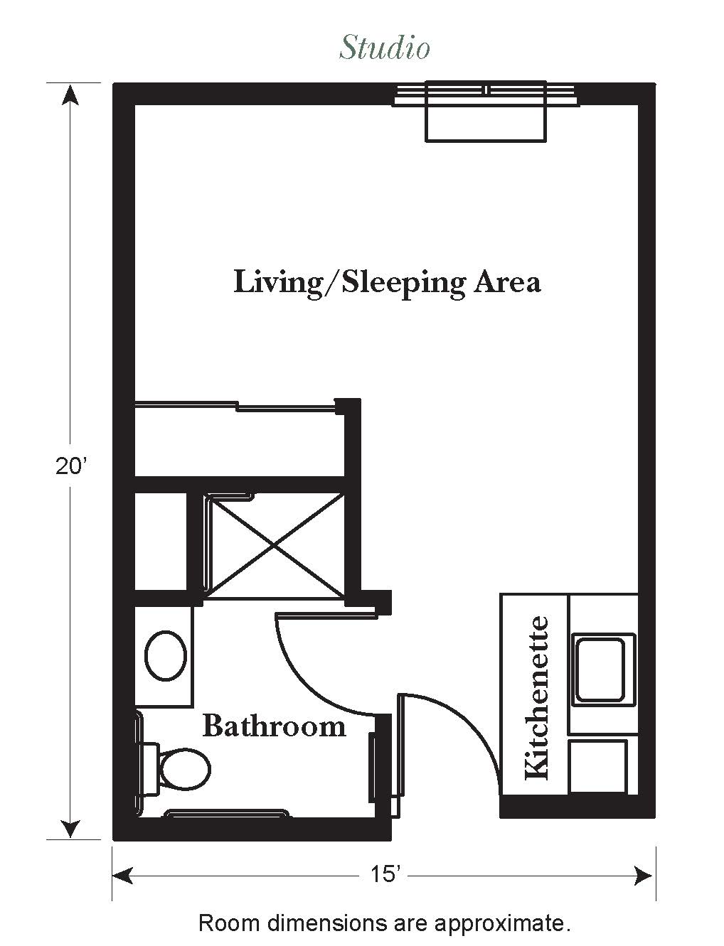Studio apartment floor plan with a living/sleeping area, bathroom, and kitchenette.