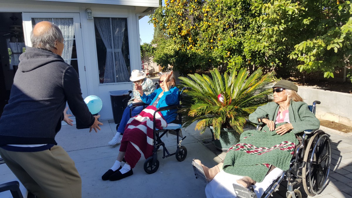 A group of elderly people enjoying a sunny day outdoors, sitting together surrounded by plants.