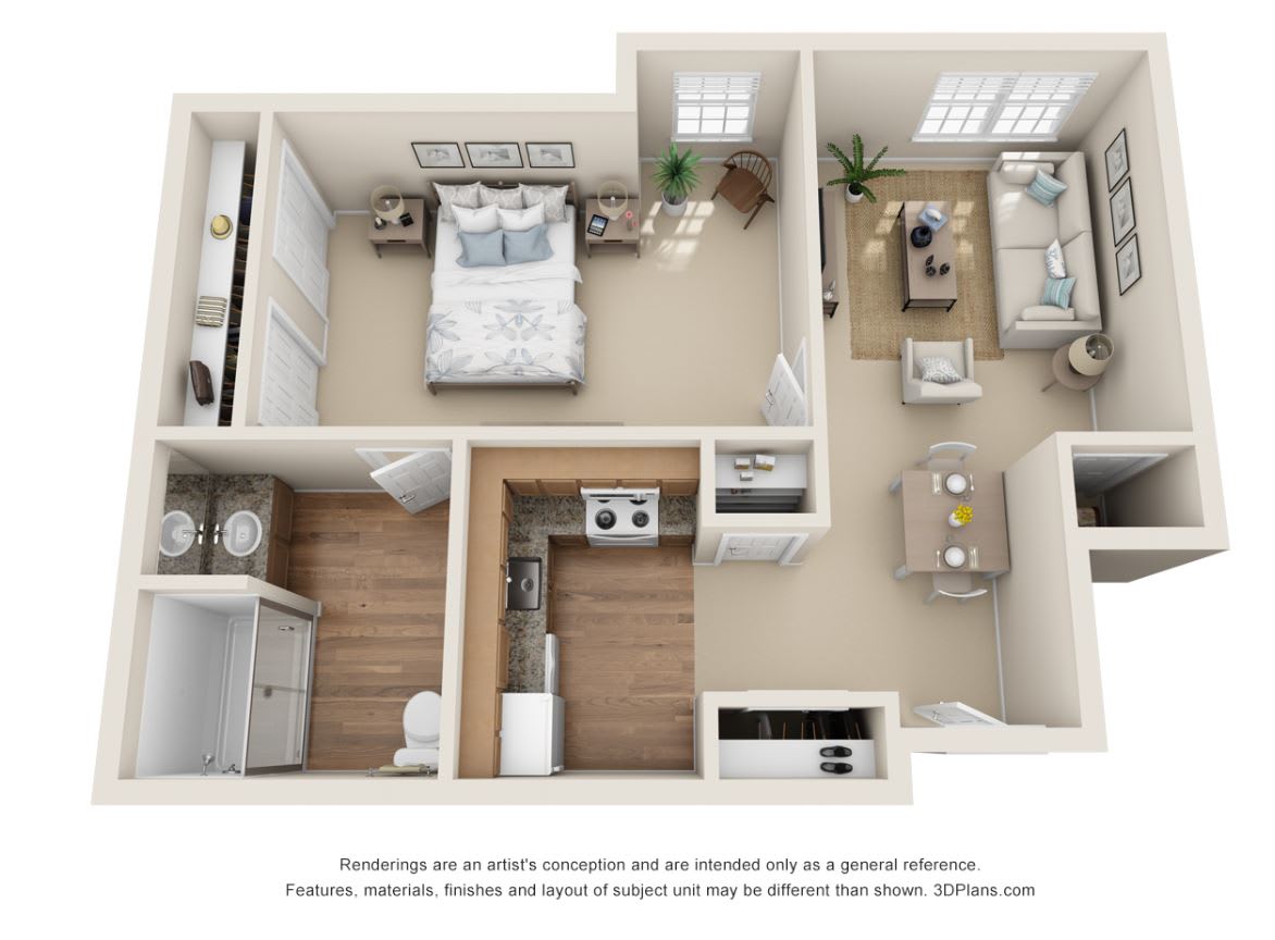 A 3D floor plan of a one-bedroom apartment featuring a bedroom, bathroom, kitchen, and living area.