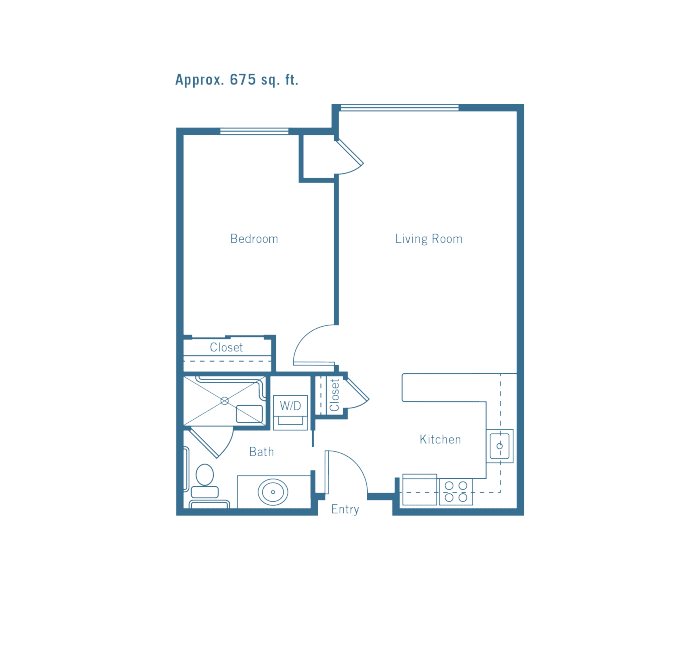 A floor plan of a one-bedroom apartment featuring a living room, kitchen, and bathroom.