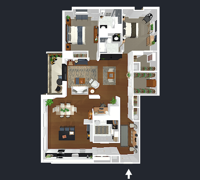 A detailed 3D floor plan of a modern apartment with multiple rooms and open living spaces.