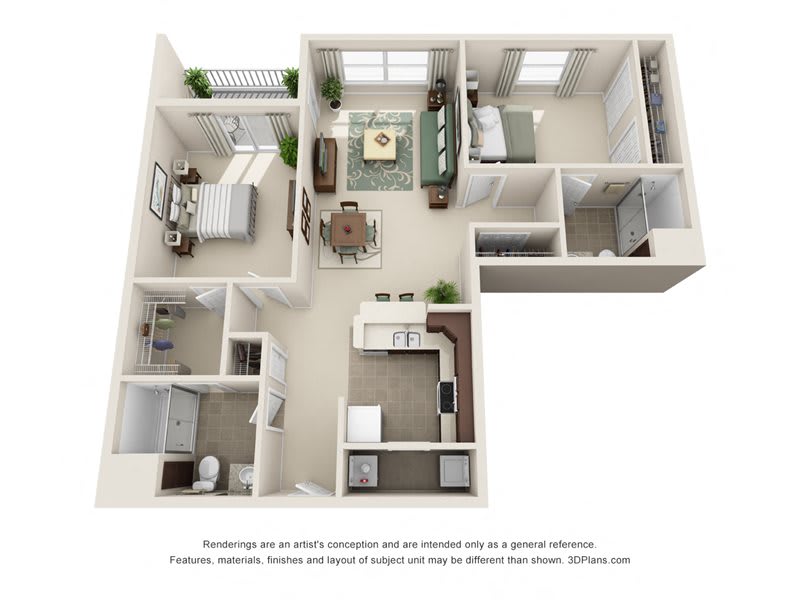 3D floor plan of a two-bedroom apartment with detailed layout and furniture placement.