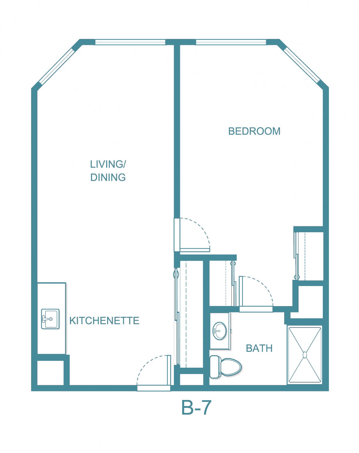 A floor plan of a small apartment featuring a living/dining area, kitchenette, bedroom, and bathroom.