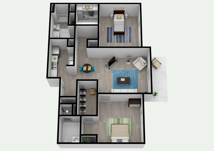 A 3D floor plan of a modern apartment, featuring two bedrooms, a living room, kitchen, and bathroom.