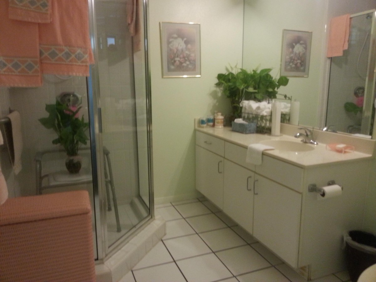 A neat bathroom featuring a glass shower, a vanity with a large mirror, and decorative plants.