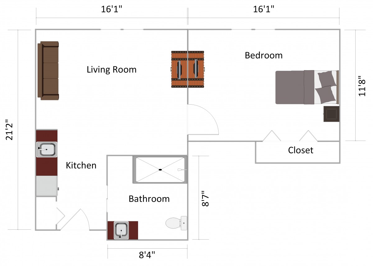 A floor plan depicting an apartment layout with designated areas for a living room, bedroom, kitchen, bathroom, and closet.