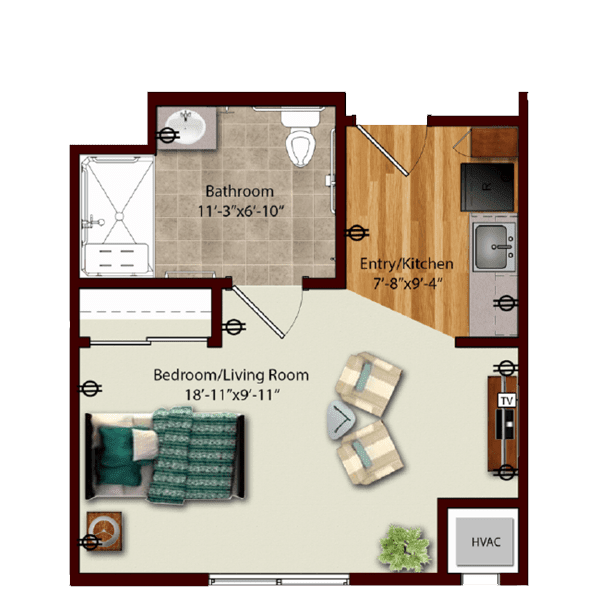 A floor plan of a one-bedroom apartment with a bathroom, kitchen, and living area.