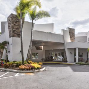 A modern hotel entrance surrounded by palm trees and landscaped gardens.