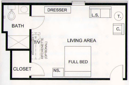 Studio apartment floor plan with a full bed, living area, kitchenette, and bathroom.