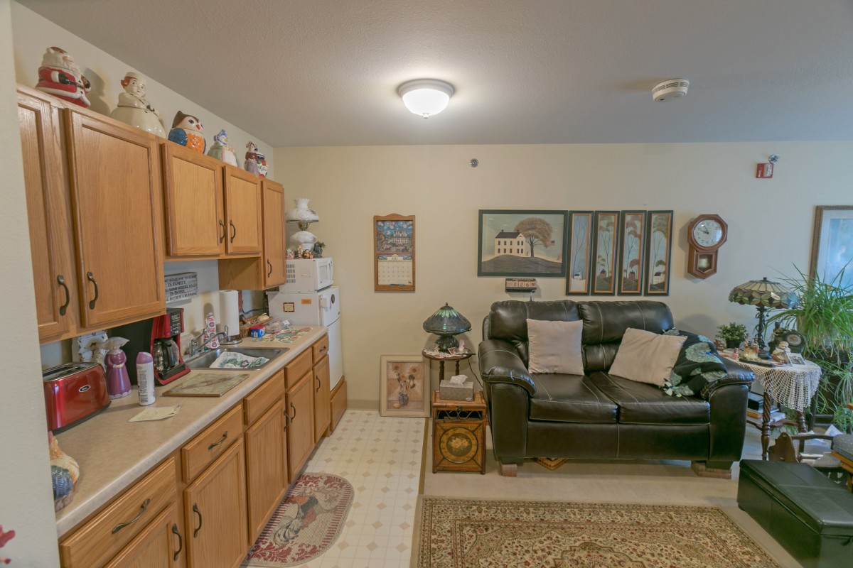 A cozy living area with an adjoining kitchen, featuring wooden cabinets and a comfortable couch.