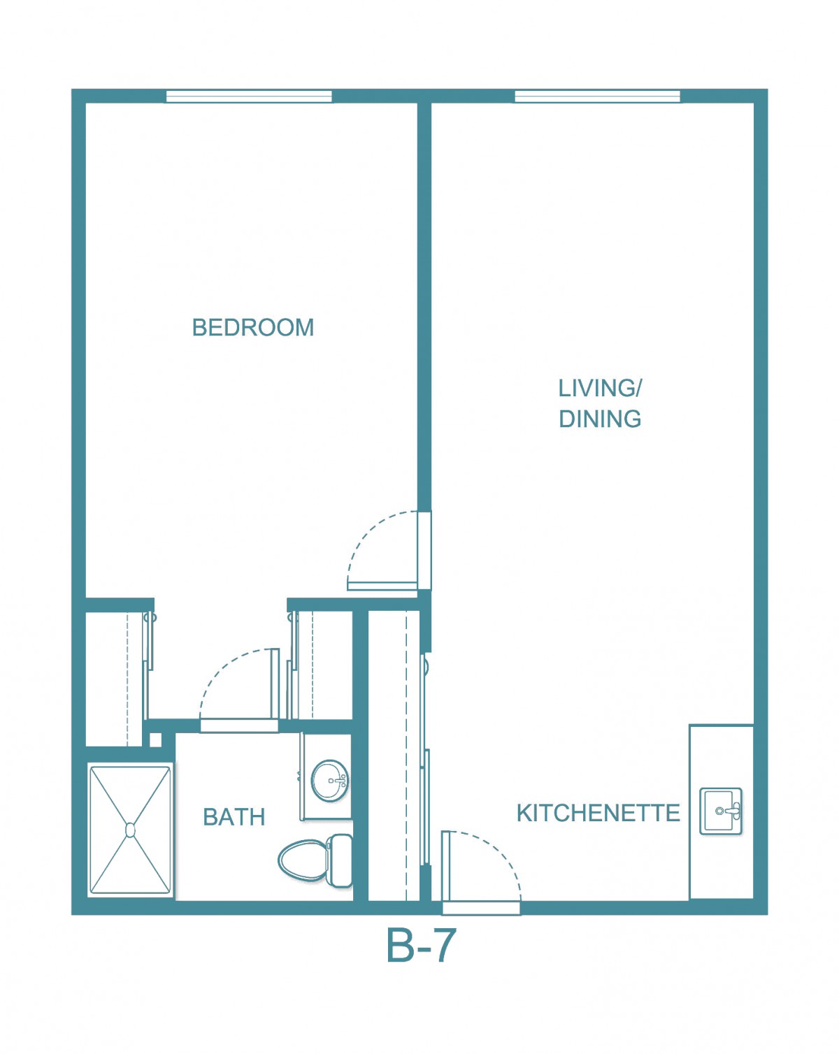 A simple floor plan of a one-bedroom apartment featuring a kitchenette, living/dining area, bedroom, and bathroom.