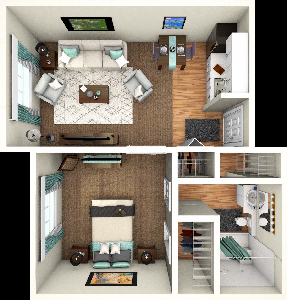 A detailed floor plan of a one-bedroom apartment showcasing the living room, kitchen, and bathroom layout.