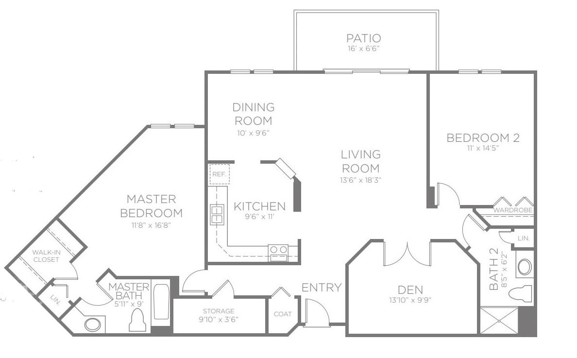 A detailed floor plan of a home, showing the layout of rooms including the master bedroom, kitchen, dining room, living room, and patio.