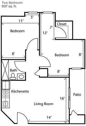 A blueprint of an apartment layout showing two bedrooms, a bath, kitchenette, living room, and patio.