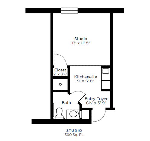 A floor plan of a studio apartment with an area of 300 square feet.