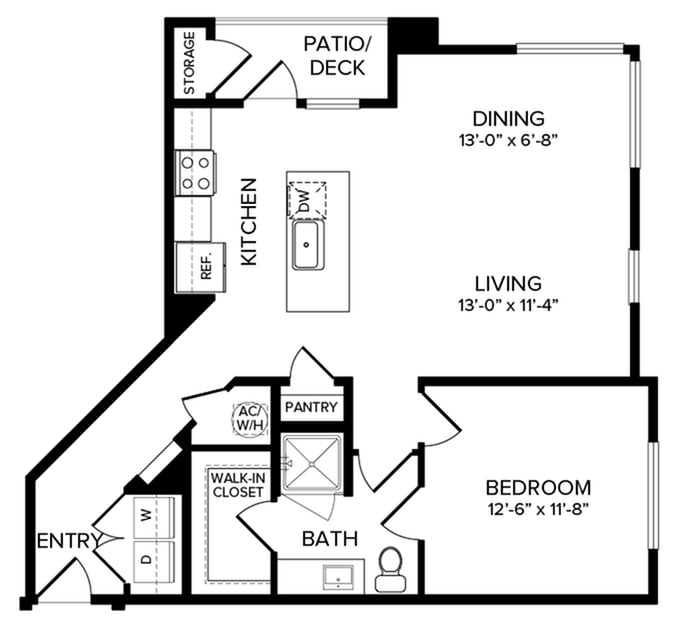One-bedroom apartment floor plan with kitchen, living room, dining area, bathroom, and patio deck.