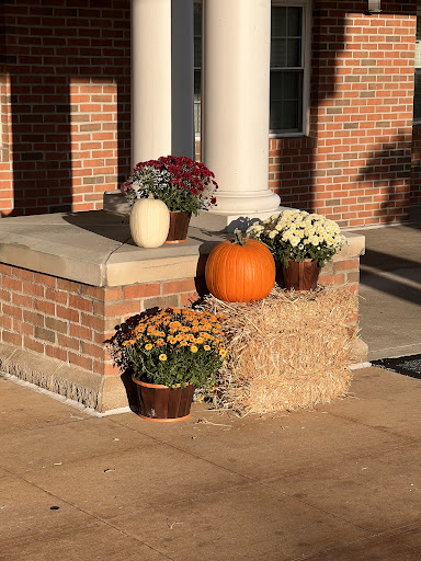 A charming fall display featuring a bright orange pumpkin, decorative pots of chrysanthemums, and a hay bale.