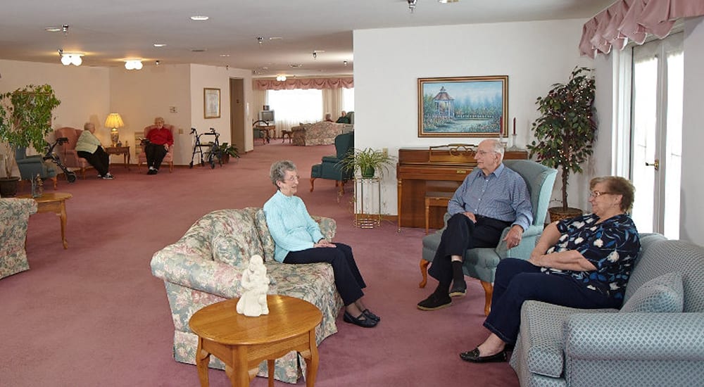 A group of seniors enjoying a conversation in a cozy living room setting.
