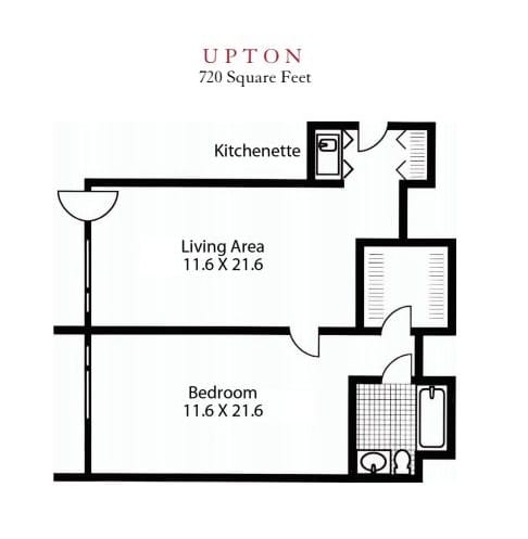 Floor plan of a 729 square foot apartment with a living area, bedroom, kitchenette, and bathroom.