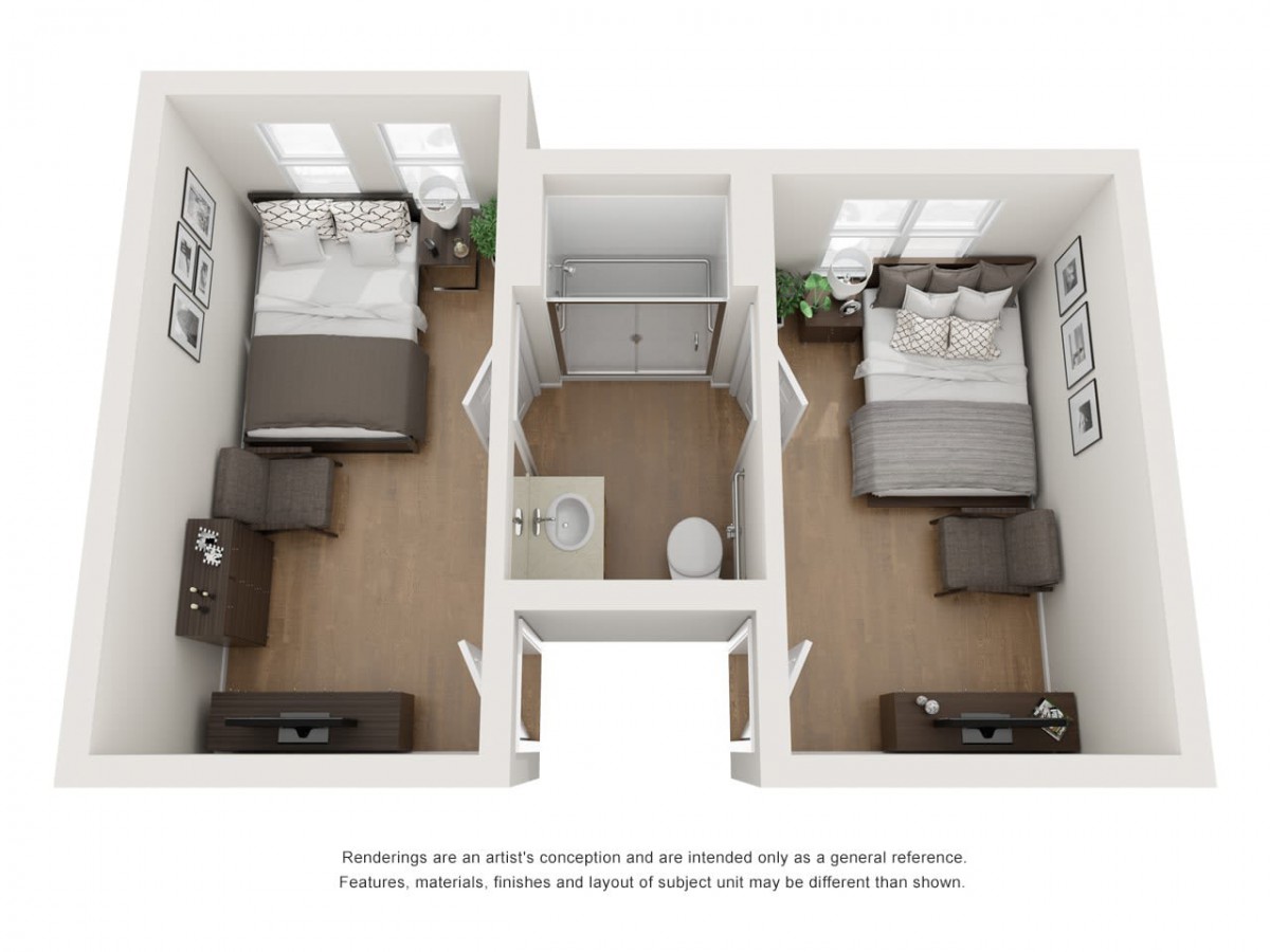 A floor plan showing two bedrooms with a shared bathroom, each equipped with essential furniture.