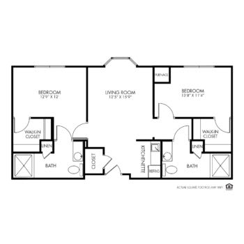 A floor plan of a two-bedroom apartment with two bathrooms, a living/dining area, and a kitchen.