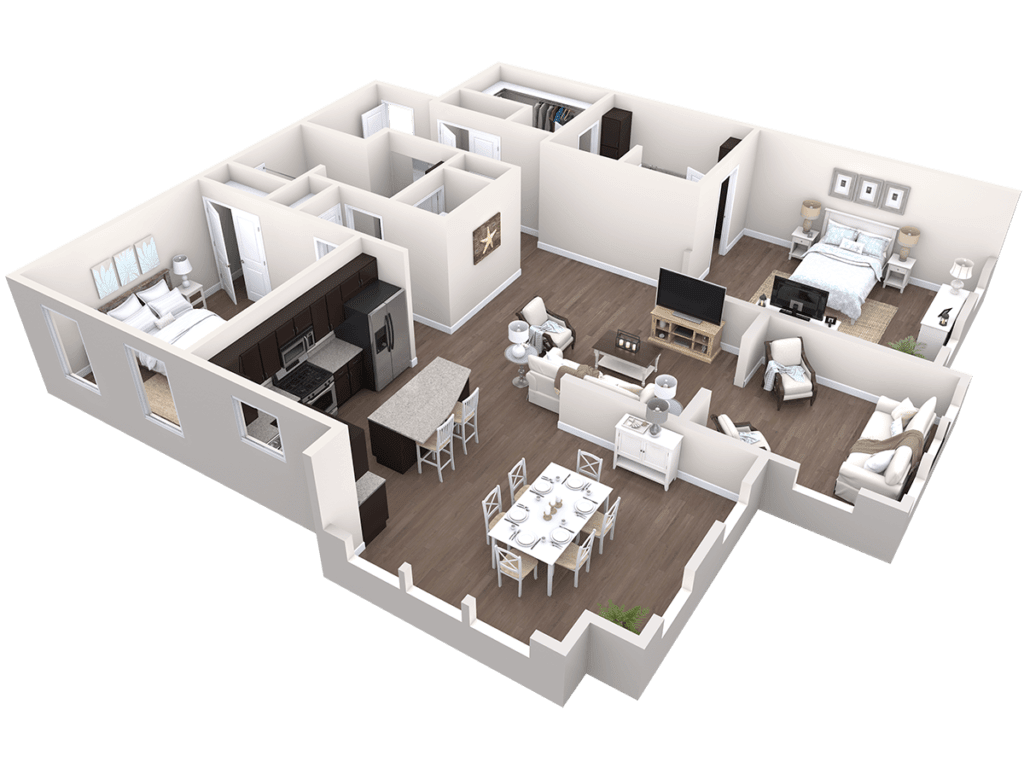 A 3D floor plan rendering of a modern apartment, showcasing the layout and interior design.