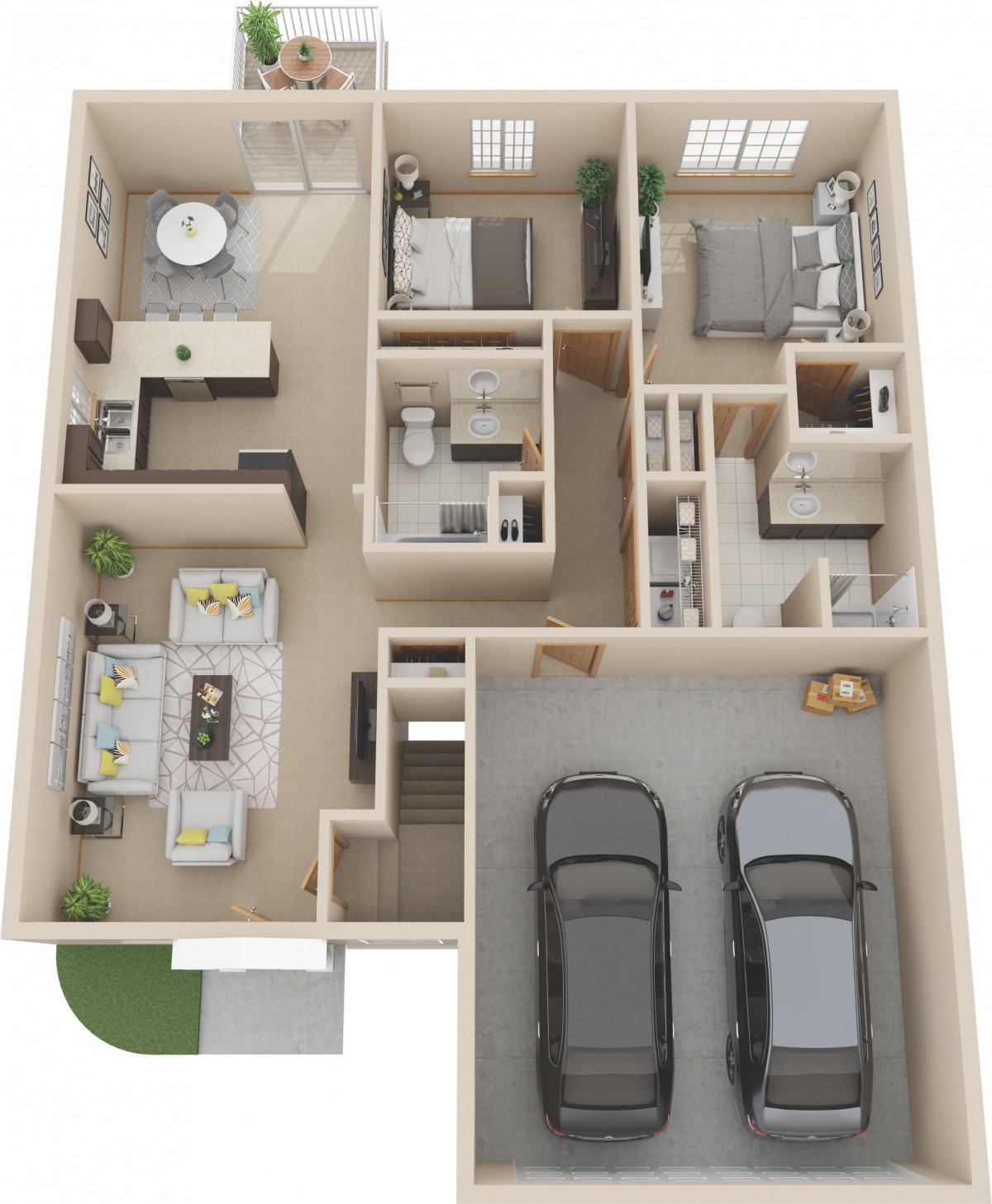 A 3D floor plan of a residential home featuring two bedrooms, a living area, kitchen, bathrooms, and a garage for two cars.