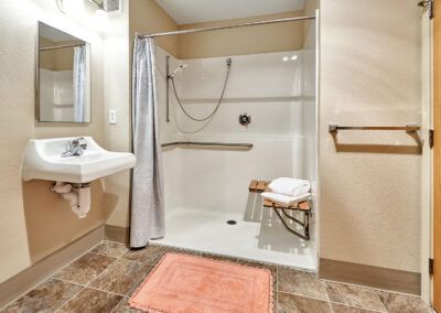 An accessible bathroom with a walk-in shower featuring a shower seat and grab bars, complemented by a soft floor mat and a sink nearby.