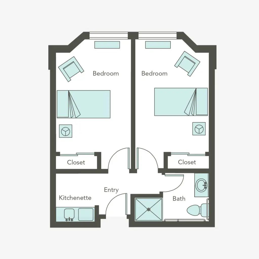 A simple floor plan of a two-bedroom apartment with a shared bathroom, kitchenette, and living area.