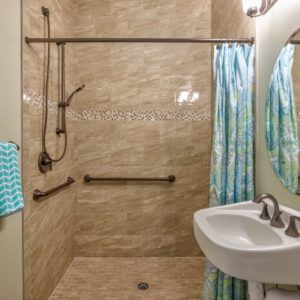 A well-equipped bathroom featuring a walk-in shower with grab bars, a sink, and colorful shower curtain.