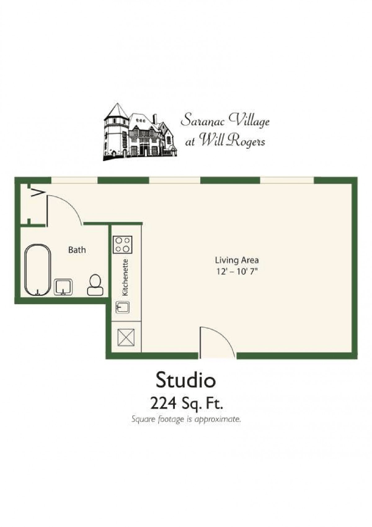 Floor plan of a 224 sq. ft. studio apartment at Sussex Village at Will Rogers.