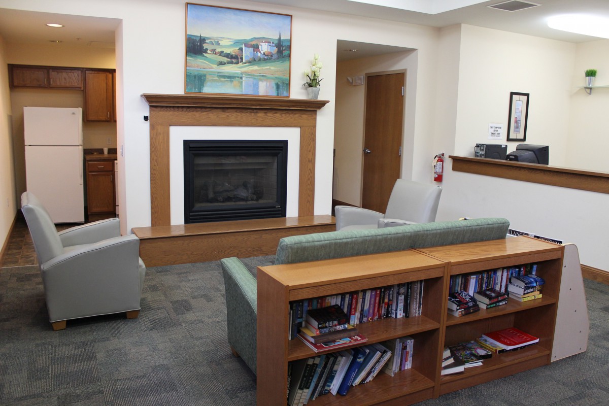A cozy living room with a fireplace and bookshelf.