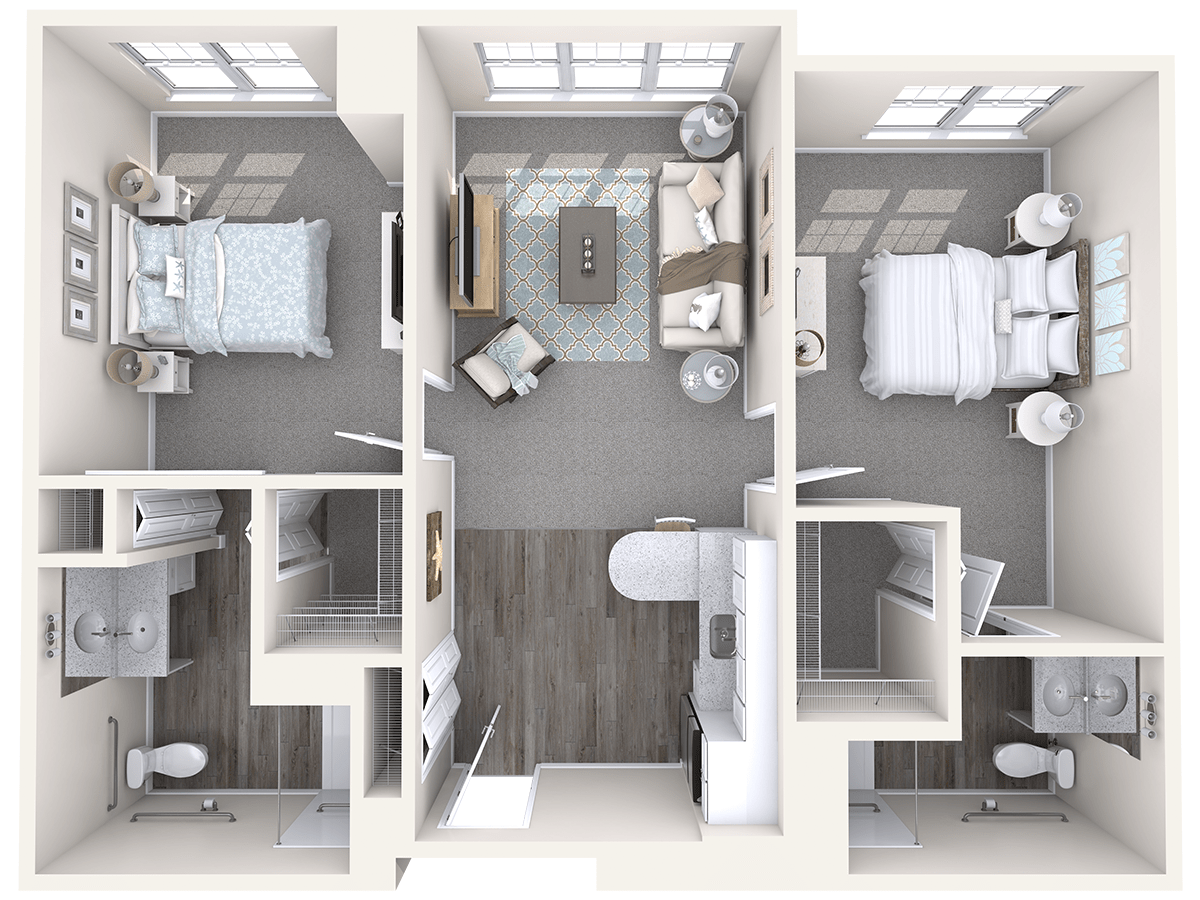 A modern two-bedroom apartment floor plan featuring a living room, kitchen, and bathroom.